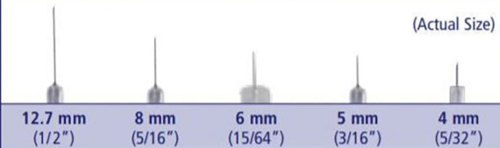 Needle length comparison from 12.7 mm to 4 mm