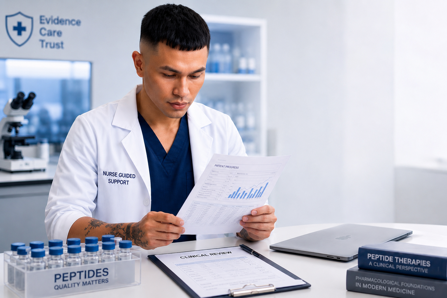 Clinical professional in a lab coat reviewing patient progress charts in a subtle medical environment with peptide vials, clinical forms, and lab equipment.