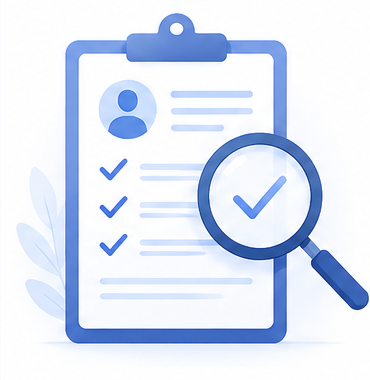 Clipboard assessment illustration with check marks and magnifying glass