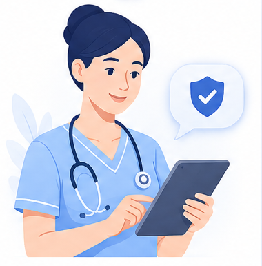 Nurse holding a tablet with a safety check illustration