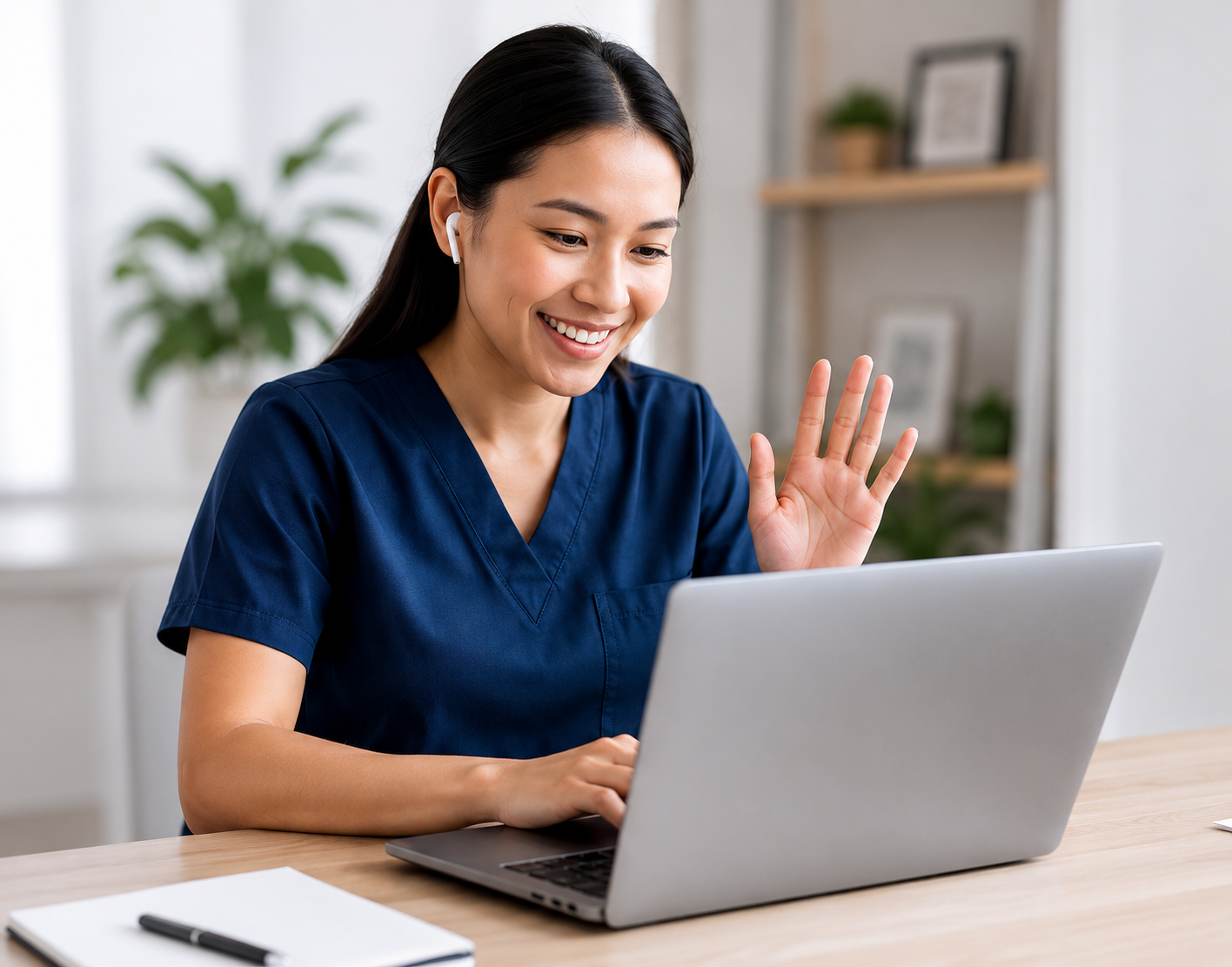 Nurse educator smiling during a guided video call